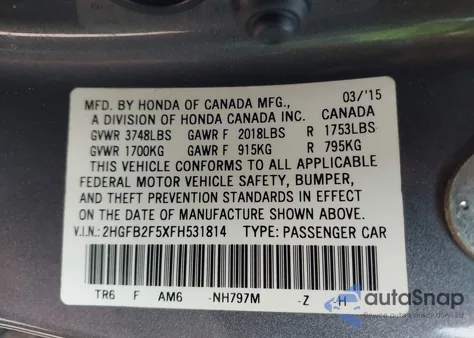 2015 Honda Civic Lx из США, поврежденный, VIN 2HGFB2F5XFH531814